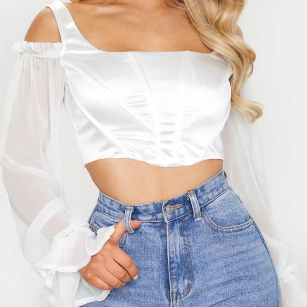 Pretty Little Thing White Satin and Chiffon Blouse